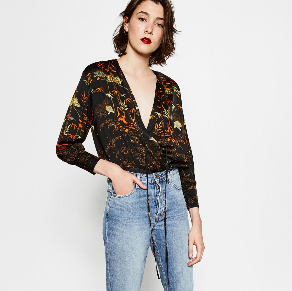 Zara 🧿 Black and orange bodysuit blouse